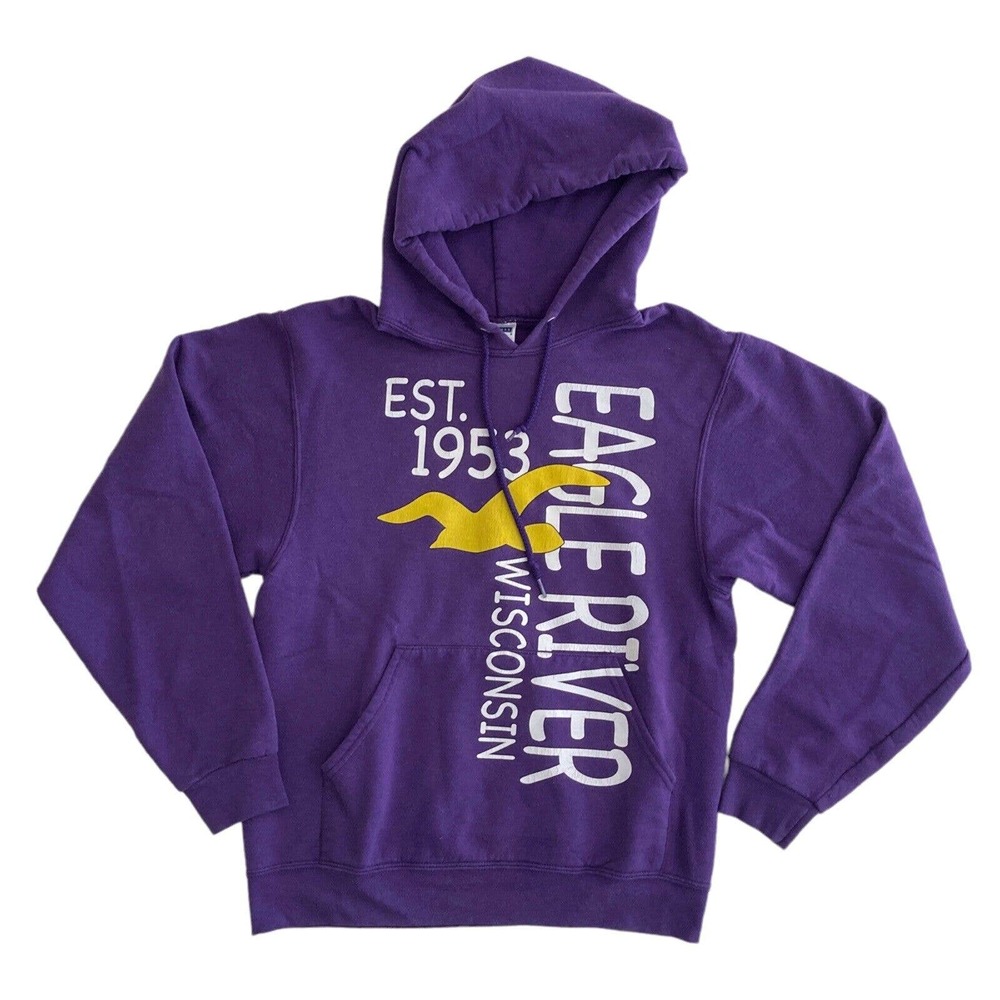 Hoodie Women's MEDIUM Graphic Eagle River, WI Kangaroo Pocket Heavyweight Purple